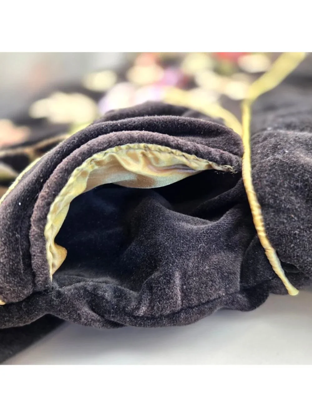 Vintage Black Velvet Floral Embroidered Tote Bag Boho Slouchy Shoulder Purse